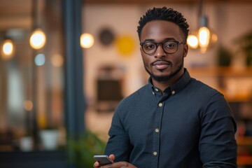 Shot of a young entrepreneur using a mobile phone in his office. Portrait of a confident young entrepreneur standing in his office, Generative AI