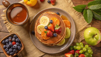 A flat lay of a delicious breakfast with pancakes, syrup, and fresh fruit