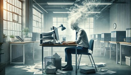 Office worker with burnout, smoke rising from head at desk