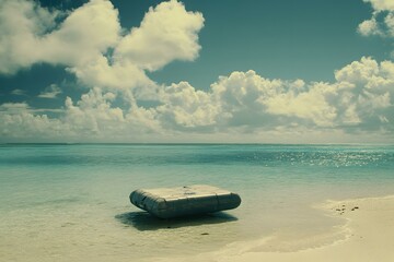 Poster - Tropical Beach with Inflatable Raft and Cloudy Sky