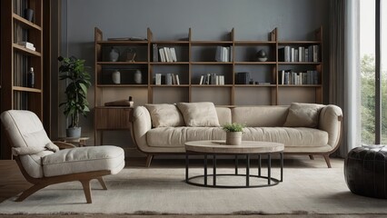 Light-colored interior lounge area mockup with a couch and two seats, a bookcase, and a window