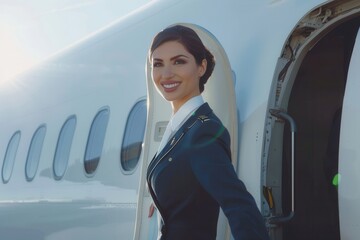 Aufkleber - A flight attendant stands at the airplane door, smiling as passengers prepare to board under bright sunshine. Generative AI