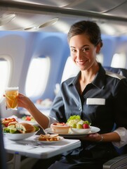Aufkleber - A flight attendant smiles while serving a tray of food and drinks to passengers onboard an aircraft at cruising altitude. Generative AI