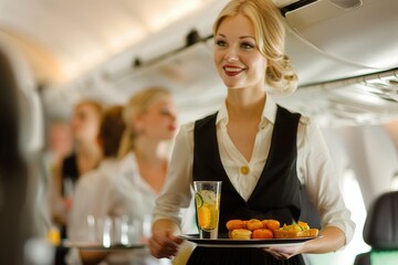 Aufkleber - A flight attendant serves drinks and snacks to passengers while smiling in the airplane cabin during a flight. Generative AI