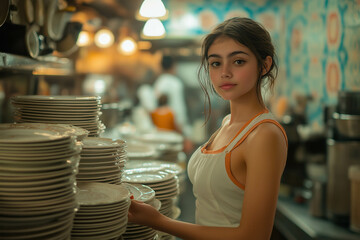 Sticker - Restaurant Safety - Young Waitress Cleans Tables In A Restaurant