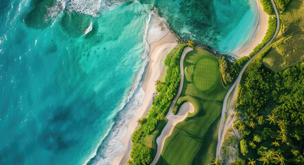 Sticker - Aerial view of a golf course in the Caribbean, with turquoise water