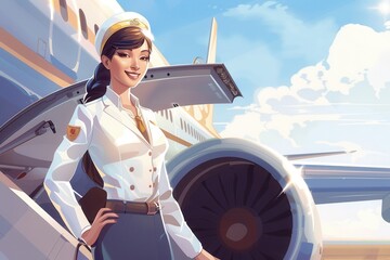 Aufkleber - A flight attendant dressed in a uniform poses confidently beside an airplane engine, showcasing warmth and professionalism against a bright sky. Generative AI
