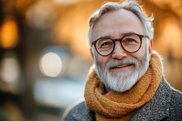 Wall Mural - Forever young. Portrait of handsome bearded senior man in glasses looking at camera and smiling while standing outdoors, Generative AI