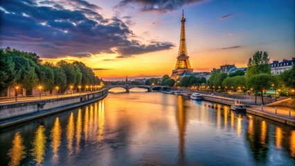 Serene evening scene of the Seine River flowing gently beneath the illuminated Eiffel Tower and picturesque Parisian cityscape with soft golden lighting.