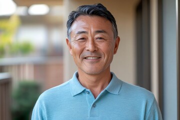 A candid portrait of a smiling middle-aged Japanese man in a light blue long-sleeved polo. He has short hair and looks very happy, Generative AI