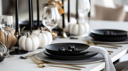 Chic Halloween table setting with black plates, white pumpkins, and gold accents for a modern and stylish autumn celebration