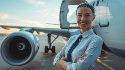 Aufkleber - Flight attendant stands proudly next to an aircraft, showcasing professionalism and readiness to assist passengers with their travel needs. Generative AI