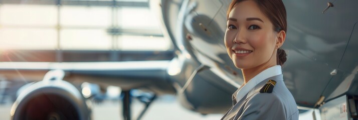 Aufkleber - A flight attendant stands beside an aircraft, smiling gently as sunlight streams through the airport windows, creating a welcoming atmosphere. Generative AI