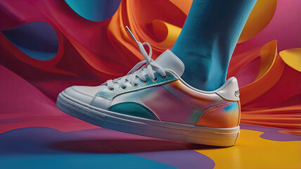 Wall Mural - beautiful women's creative sneakers and feet in a puddle and splashes of water on a white background,