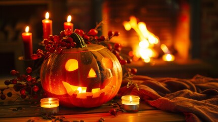 Smiling jack-o-lantern with glowing candlestick, surrounded by candles, and warm fireplace 