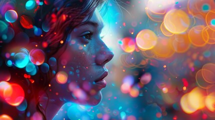 Canvas Print - Artistic AI interpretation of a person with colorful bokeh lights