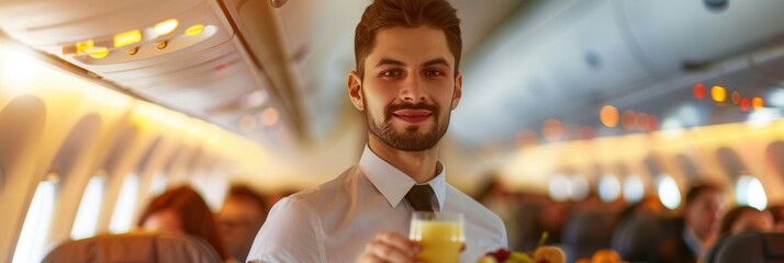 Aufkleber - A flight attendant offers a drink and snacks to passengers seated on an evening flight, ensuring a pleasant travel experience. Generative AI