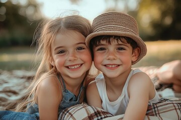 siblings and smile of kids, hug and family in picnic, outdoor and summer in weekend to relax. backya