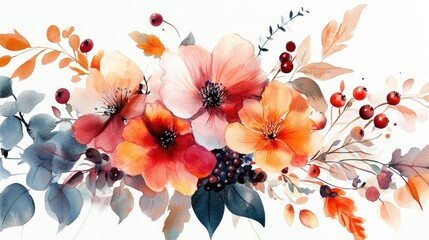 Wall Mural - Watercolor bouquet featuring autumn blooms foliage and berries on a white background