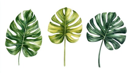 Tropical palm foliage Monstera leaf in watercolor style Collection of jungle vegetation Hand painted botanical illustration