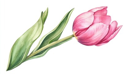 Pink tulip depicted on a white background Watercolor botanical artwork Floral clipart component