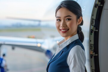 Aufkleber - The flight attendant stands by the airplane door, smiling and ready to assist travelers as they board. Generative AI