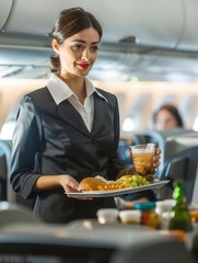 Aufkleber - A flight attendant presents a tray of meals and drinks to passengers in a commercial airplane during a busy afternoon service. Generative AI
