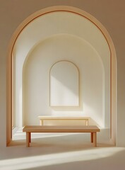 Sticker - Minimalist Interior Design with Archways and Wooden Benches