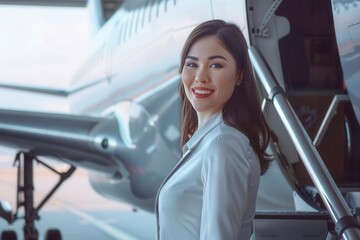 Aufkleber - A flight attendant stands by the airplane's entrance, welcoming travelers aboard with a friendly smile as the sun shines brightly in the sky. Generative AI