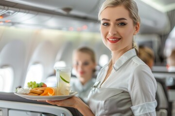 Aufkleber - A flight attendant offers a tray of snacks and drinks to passengers while smiling in the cabin of an airplane. Generative AI