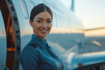 Aufkleber - A friendly flight attendant stands next to an airplane, greeting passengers with a warm smile as the sun sets in the background. Generative AI