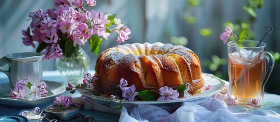 Summer Sweet Loaf Cake On A Table With Flowers And A Drink In Glasses Dessert For Brunch Or Morning Breakfast