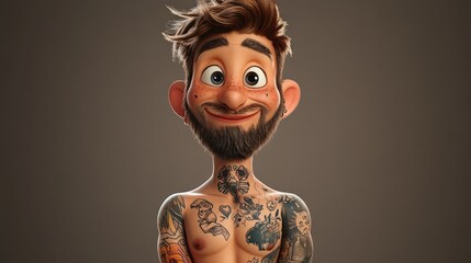 Sticker - Charming 3D Cartoon Guy with Tattoos and a Bare Chest