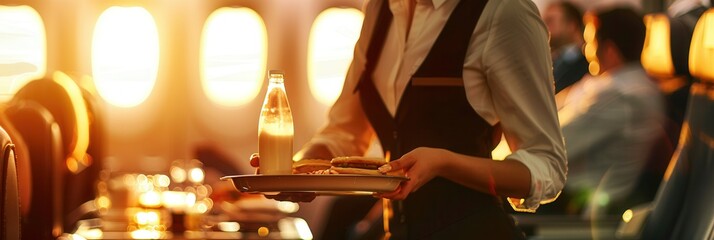 Aufkleber - A flight attendant serves snacks and a drink to passengers while the sun sets outside the airplane windows. Generative AI