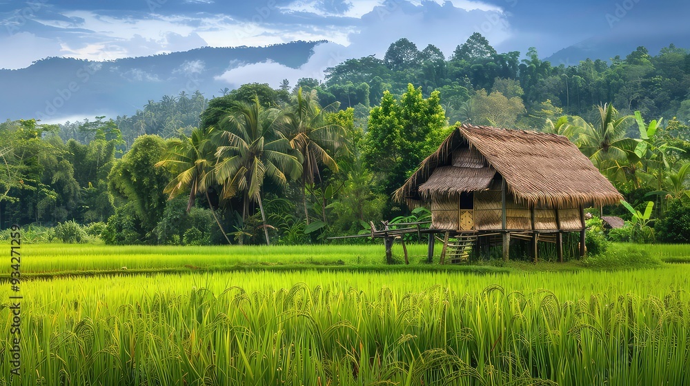 A traditional thatched roof hut stands on stilts in a lush green rice ...
