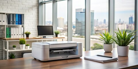 Sleek and modern printer with sleek design and advanced features sits on a clean office desk, ready to produce high-quality documents and prints.