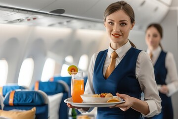 Aufkleber - A flight attendant smiles while serving a colorful drink and meal to passengers in a spacious airplane cabin. Generative AI