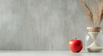 Red apple, hourglass, and sugar displayed against a textured gray background with berry branches