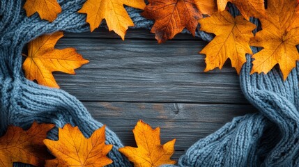 Canvas Print - Autumn decoration with pumpkins, leaves, pine cones, and cozy knit blanket