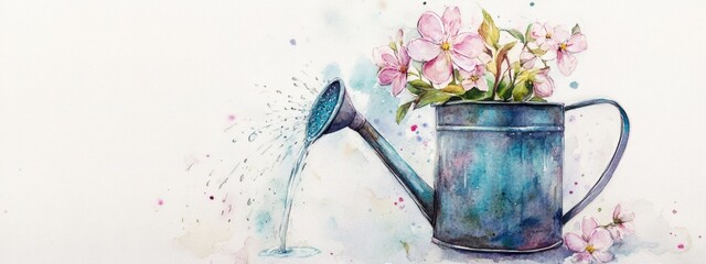 Poster - Watercolor depiction of blossoms in a watering can