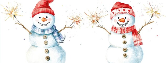 Wall Mural - Two cheerful snowmen with clocks and sparklers in a festive atmosphere smiling and celebrating Watercolor hand painted elements on a white background