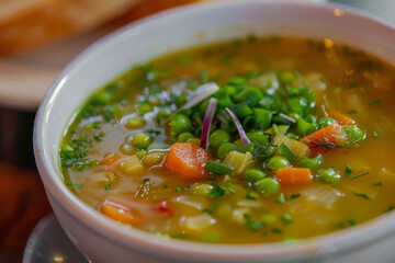 Wall Mural - A bowl of soup with vegetables and peas