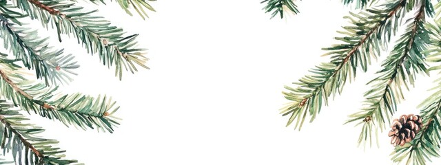 Wall Mural - Watercolor border featuring spruce tree branches suitable for a Christmas card design with a blank space