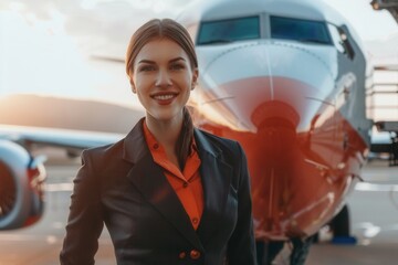 Aufkleber - A flight attendant poses warmly in front of a commercial airplane during a stunning sunset at the airport. Generative AI