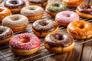 Set of colorful donuts with sprinkles isolated on a wooden background