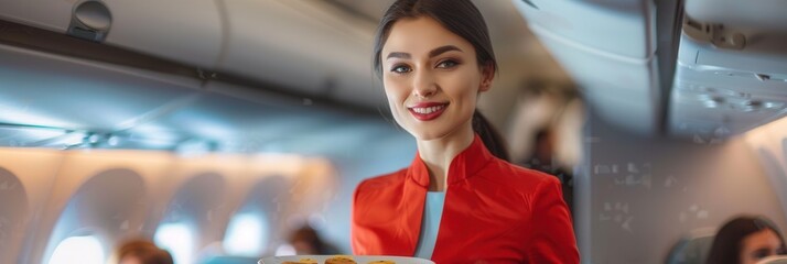 Aufkleber - The flight attendant offers snacks to smiling passengers while maintaining a warm and friendly atmosphere in the cabin. Generative AI