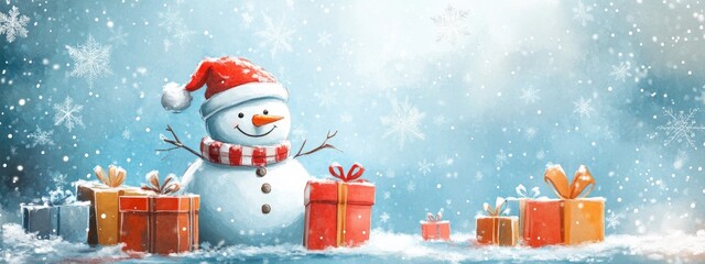 Wall Mural - Snowman surrounded by presents and falling snowflakes in watercolor style