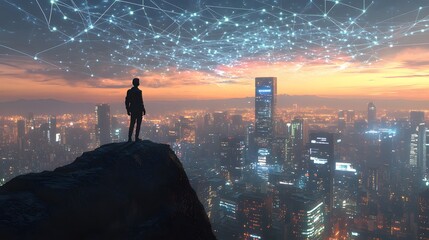 Silhouette of a man standing on a cliff overlooking a futuristic city with digital grids in the sky