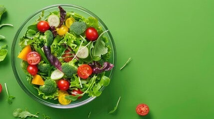 A glass bowl filled with a vibrant salad of green lettuce, broccoli florets, cucumber slices, red and yellow tomatoes, and a yellow pepper sits against a bright green background.