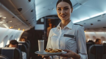 Aufkleber - A flight attendant is smiling while offering a plate of cookies and a glass of water to passengers seated in the airplane cabin. Generative AI